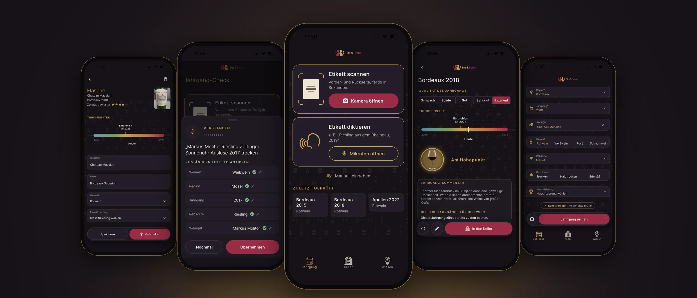 Fünf Bildschirme der App Bits & Bottle: Flasche im Keller, Etikett diktieren, Startseite, Jahrgangsergebnis Bordeaux 2018 und Jahrgang-Check