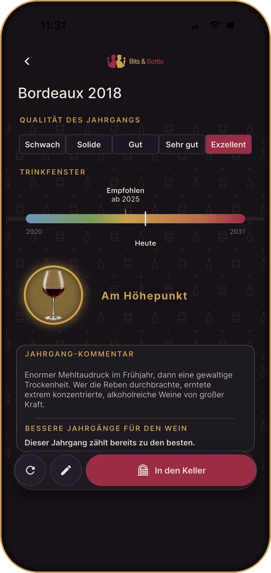 Ergebnis Bordeaux 2018: Qualität Exzellent, Trinkfenster ab 2025, am Höhepunkt